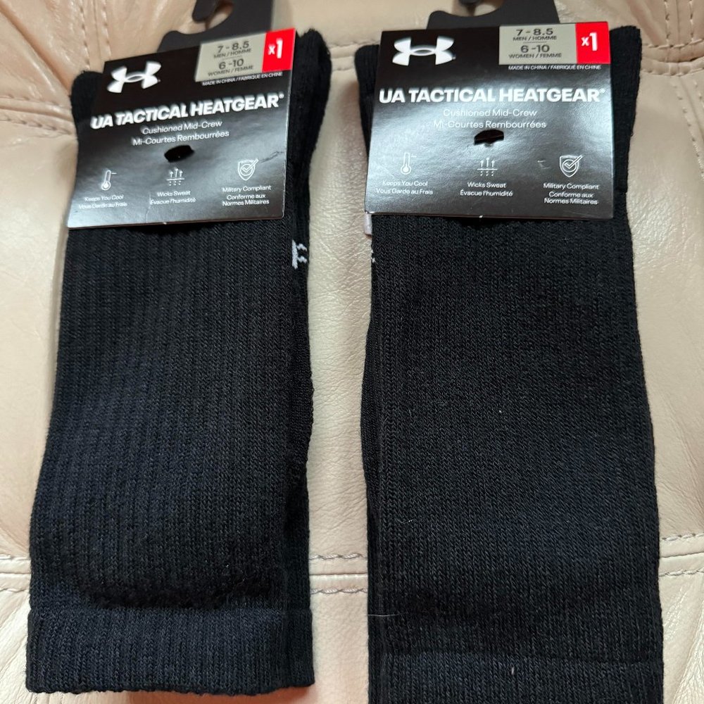 TWO (2) of UNDER ARMOUR Men's UA TACTICAL HEATGEAR Mid-Crew Socks Black Medium